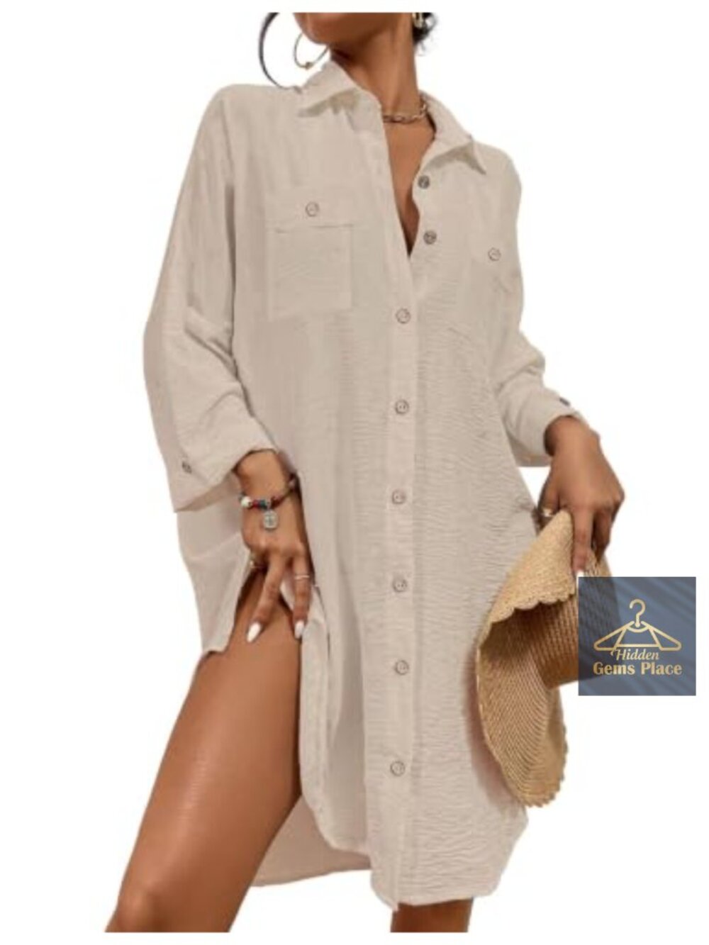 Womens Beach Cover Up Blouse Button Down 3/4 Sleeve Shirt Tunic
